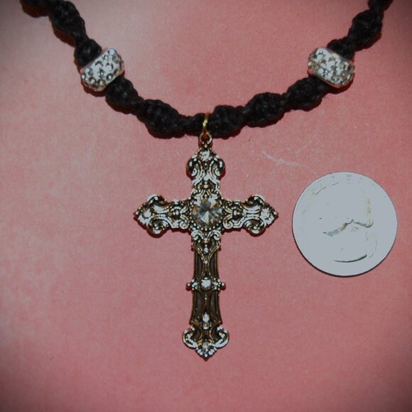 Antique Style Gold-Toned Cross Rhinestone on a 16 1/4" Handmade Black Hemp Chain - Picture 4 of 6